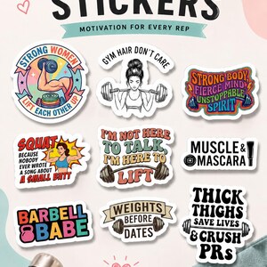A promotional graphic for Female Weightlifting STICKERS showing a variety of 9 different designs. This overview image presents the full scope of the funny female weightlifting stickers and the powerlifting decals for women included in the pack.