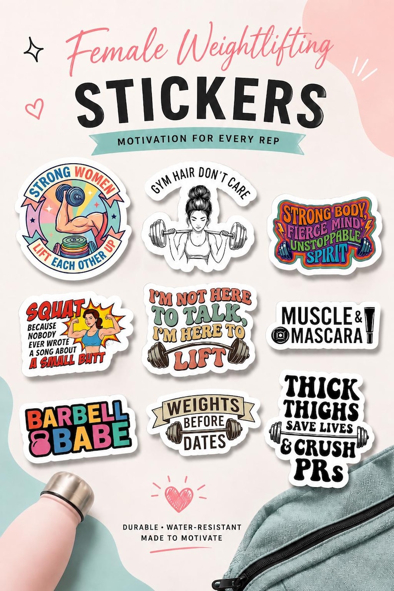 A promotional graphic for Female Weightlifting STICKERS showing a variety of 9 different designs. This overview image presents the full scope of the funny female weightlifting stickers and the powerlifting decals for women included in the pack.