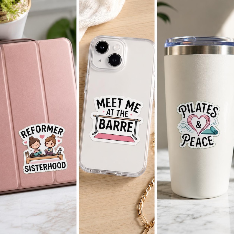 A collage showing a pink tablet case with a REFORMER SISTERHOOD sticker. This visual shows the versatility of our die cut vinyl stickers for tech accessories and creating a cohesive pilates princess kit aesthetic.