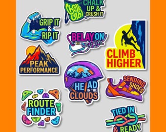 May include: A collection of nine colorful vinyl stickers featuring rock climbing themes. Designs include a flexed arm with "Grip It & Rip It," a chalk bag, a climbing knot with "Belay On," a mountain peak, a climber, a helmet, climbing holds, a shoe, and a knot.