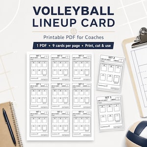 May include: A printable volleyball lineup card PDF featuring nine individual cards per page. Each card includes sections for team name, libero, and six player positions labeled I through VI, with space for service order and coach signature.