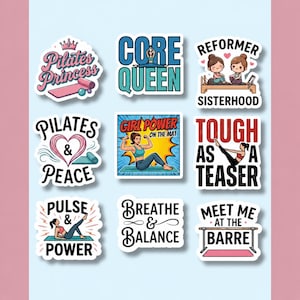 A collection of nine different stickers arranged in a 3x3 grid on a light blue background. This Pilates sticker pack includes various colorful designs featuring reformer and mat themes, making it a perfect fitness decal gift for any yoga pilates mat art lover looking to decorate their gear.
