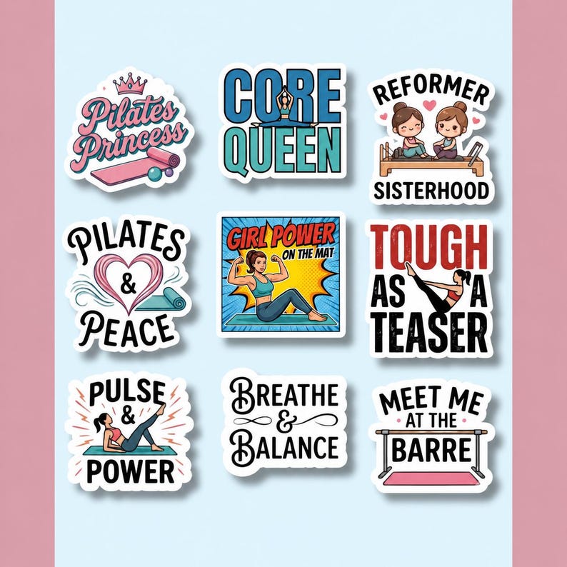 A collection of nine different stickers arranged in a 3x3 grid on a light blue background. This Pilates sticker pack includes various colorful designs featuring reformer and mat themes, making it a perfect fitness decal gift for any yoga pilates mat art lover looking to decorate their gear.