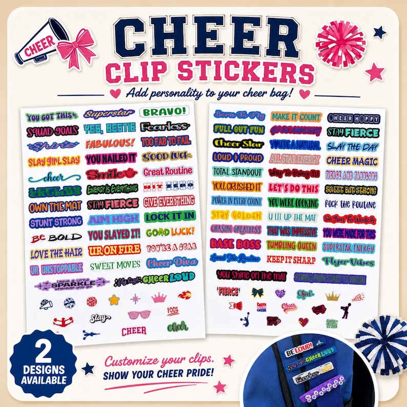 Cheer clip stickers listing image showing two colorful sticker sheet designs with cheer sayings and icons. Includes cheer bow, megaphone, pom pom accents, and a backpack example showing how the finished stickers can be used to personalize cheer bags, spirit clips, and team gifts.