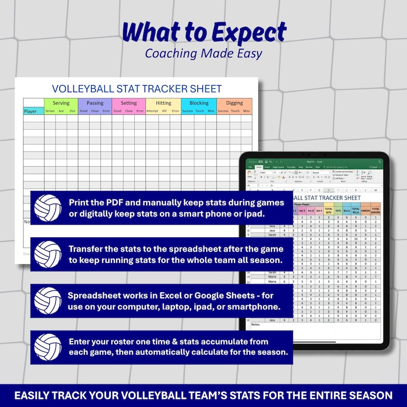 Volleyball Stat Tracker Spreadsheet for Coaches | Printable Stat Sheet ...