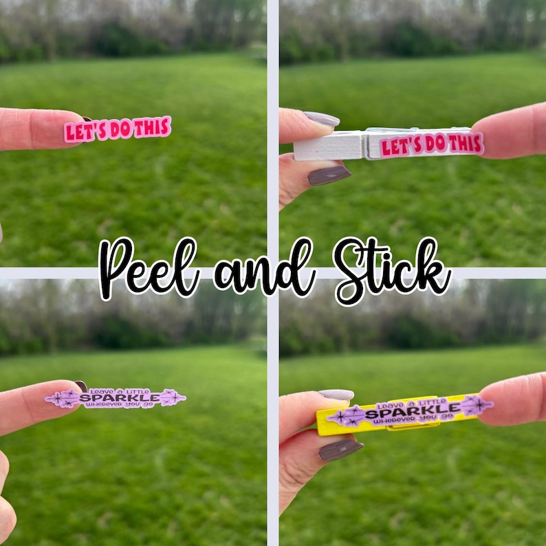 Peel and stick cheer clip stickers shown before and after being applied to clothespins. Close-up collage shows motivational cheer stickers like “Let’s Do This” and “Leave a Little Sparkle Wherever You Go,” ideal for decorating cheer clips, team spirit pins, and cheerleading bag tags.