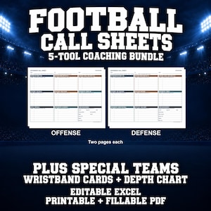Paquete de hojas de jugadas de fútbol americano / Excel editable y PDF rellenables / Tarjetas de ataque, defensa y pulseras