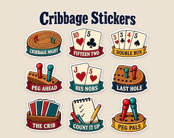 Cribbage Stickers, 9 Pack Card Game Decals, Cribbage Player Gift for Card Club Friends, Game Night Hosts or Tournament Prizes