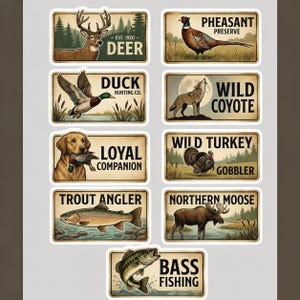 Vintage wildlife sticker pack featuring a variety of rustic hunting stickers and fishing decal set designs. This collection is ideal for outdoor enthusiasts wanting to decorate gear with high-quality vinyl decals. The set includes various animals and fishing themes, perfect as a gift for hunter or outdoorsman looking for durable, waterproof sticker options for their personal equipment and accessories.