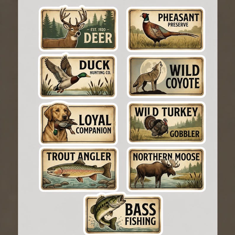 Vintage wildlife sticker pack featuring a variety of rustic hunting stickers and fishing decal set designs. This collection is ideal for outdoor enthusiasts wanting to decorate gear with high-quality vinyl decals. The set includes various animals and fishing themes, perfect as a gift for hunter or outdoorsman looking for durable, waterproof sticker options for their personal equipment and accessories.