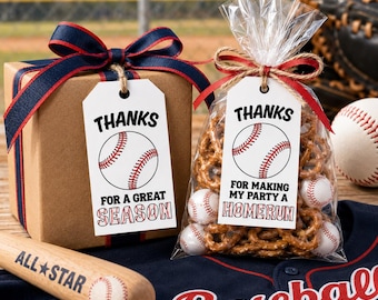Baseboll Tack för en fantastisk säsong Presentetikett för basebollfest Favorit Laget Snack Bag Tagg Säsongsavslutningsfirande Utskrivbar basebolletikett