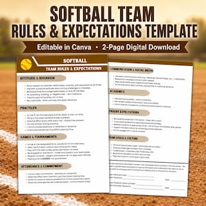 Puede incluir: Una plantilla digital de dos páginas para reglas y expectativas de un equipo de sóftbol con texto en marrón y blanco. El documento incluye secciones sobre actitud, comportamiento, prácticas, juegos, torneos, asistencia, comunicación y expectativas.
