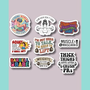 A collection of nine funny female weightlifting stickers arranged in a neat 3x3 grid on a soft light purple background. This fitness gym sticker set features various colorful designs including retro typography and pop art styles, making it an ideal workout sticker set for decorating gym gear or planners.