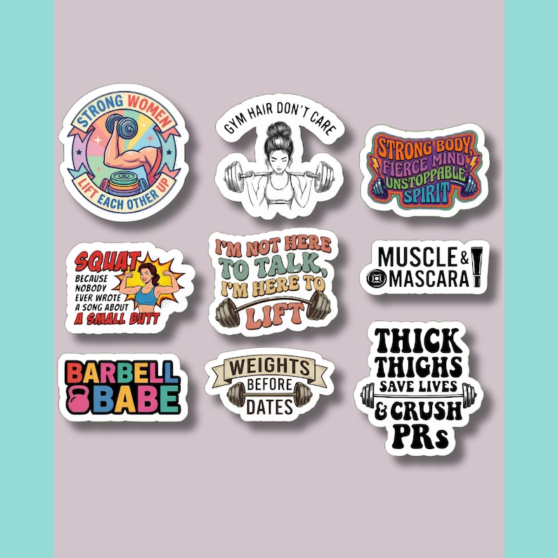 A collection of nine funny female weightlifting stickers arranged in a neat 3x3 grid on a soft light purple background. This fitness gym sticker set features various colorful designs including retro typography and pop art styles, making it an ideal workout sticker set for decorating gym gear or planners.