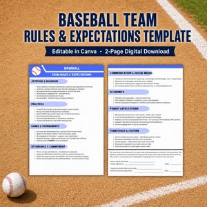 May include: A two-page digital baseball team rules and expectations template with dark blue text on white backgrounds. The document includes sections for attitude, practices, games, attendance, communication, academics, and parent expectations.