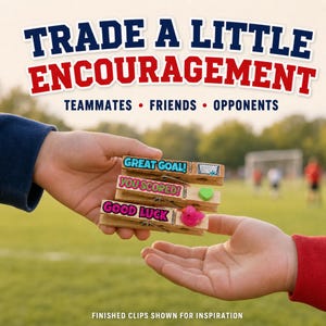 Two hands exchanging three decorated wooden clothespins with phrases like Great Goal, You Scored, and Good Luck against a blurred soccer field background, with the text Trade a Little Encouragement. This bonding activity helps players make new friends and spread positivity. It is a heartwarming tradition that adds a social element to competitive sports, making the tournament experience more inclusive.