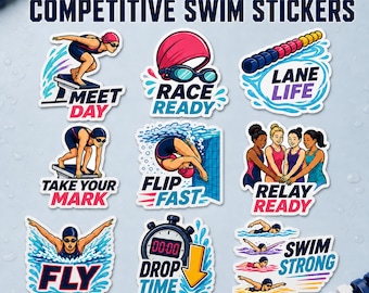 Competitive Swim Stickers, 9 Pack Swimmer Decals, Swim Team Gift Ideas for Athletes, Coaches, Senior Night, Meets or Water Bottles