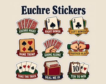Euchre Stickers, 9 Pack Card Game Decals, Euchre Player Gift for Card Club Friends, Game Night Hosts, Partners or Tournament Prizes