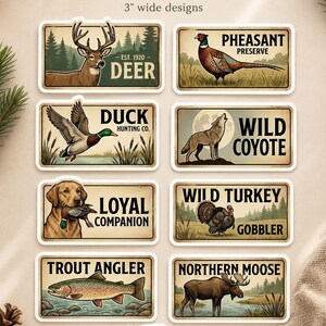 Final look at the complete 9 Rustic Hunting & Fishing Stickers set. This vintage wildlife sticker pack is a versatile collection of fishing decal set items and hunting decals. Perfect for adding personality to any outdoor enthusiast's gear, from water bottles to notebooks, with durable and beautiful designs.