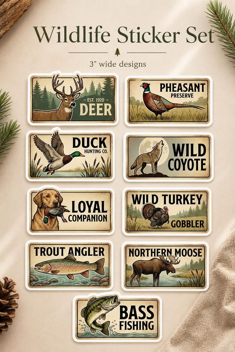 Final look at the complete 9 Rustic Hunting & Fishing Stickers set. This vintage wildlife sticker pack is a versatile collection of fishing decal set items and hunting decals. Perfect for adding personality to any outdoor enthusiast's gear, from water bottles to notebooks, with durable and beautiful designs.