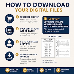 An instructional infographic titled HOW TO DOWNLOAD YOUR DIGITAL FILES using a blue, gold, and white color scheme to outline a four-step download process. This digital download ensures you can access your icebreaker games instantly. It is a seamless way to start your next team building event or office social.