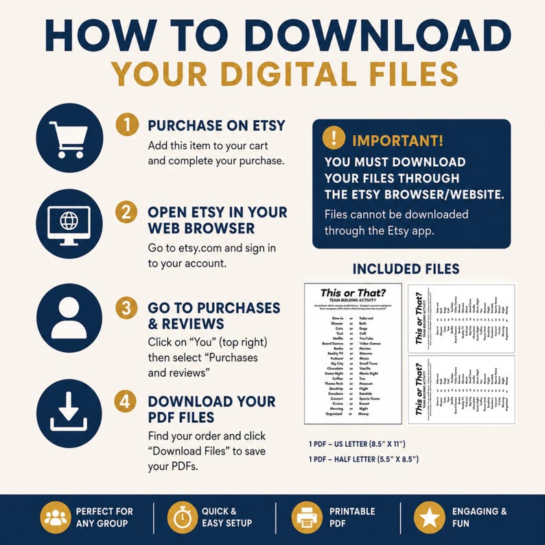 An instructional infographic titled HOW TO DOWNLOAD YOUR DIGITAL FILES using a blue, gold, and white color scheme to outline a four-step download process. This digital download ensures you can access your icebreaker games instantly. It is a seamless way to start your next team building event or office social.