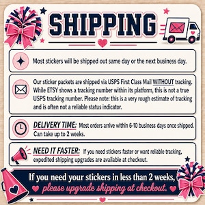 Cheer sticker shipping information listing image with navy, pink, and cheer-themed graphics. Explains that most sticker orders ship same or next business day, USPS First Class Mail does not include true tracking, delivery can take 6–10 business days or up to 2 weeks, and upgrades are available.