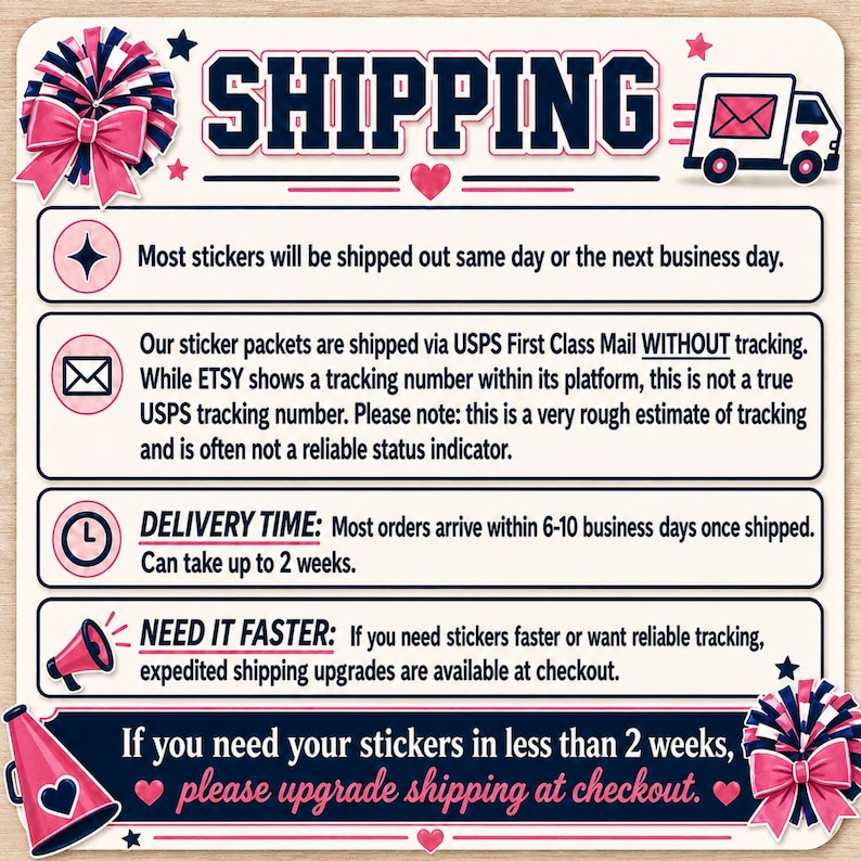Cheer sticker shipping information listing image with navy, pink, and cheer-themed graphics. Explains that most sticker orders ship same or next business day, USPS First Class Mail does not include true tracking, delivery can take 6–10 business days or up to 2 weeks, and upgrades are available.
