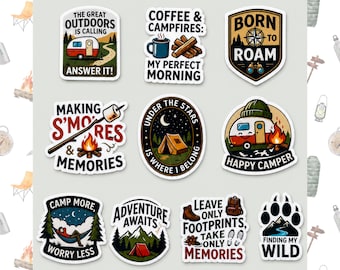 Camping Sticker Set for Water Bottles Die Cut Camping Stickers Tent RV Travel Outdoor Adventure Sticker Pack Camper Decor Nature Gift Pack