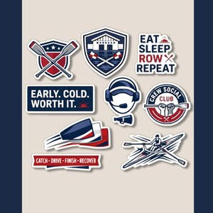May include: A collection of nine rowing-themed stickers in red, white, and blue. Designs include shields with oars, the text EAT SLEEP ROW REPEAT, EARLY. COLD. WORTH IT., a coach with a megaphone, CREW SOCIAL CLUB, and a rower in a scull boat.