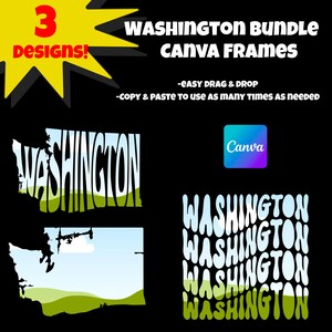 Washington Canva Frames | 3 Different Frame Designs (Wavy Words, Word Shapes, Distressed) | Easy Drag & Drop - Instant Digital Download