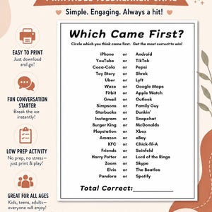A promotional graphic for a 'Which Came First?' printable icebreaker game featuring a central white game sheet with various 'this or that' trivia pairs, set against a warm peach and terracotta background with decorative elements. This trivia game is a fun party entertainment option.