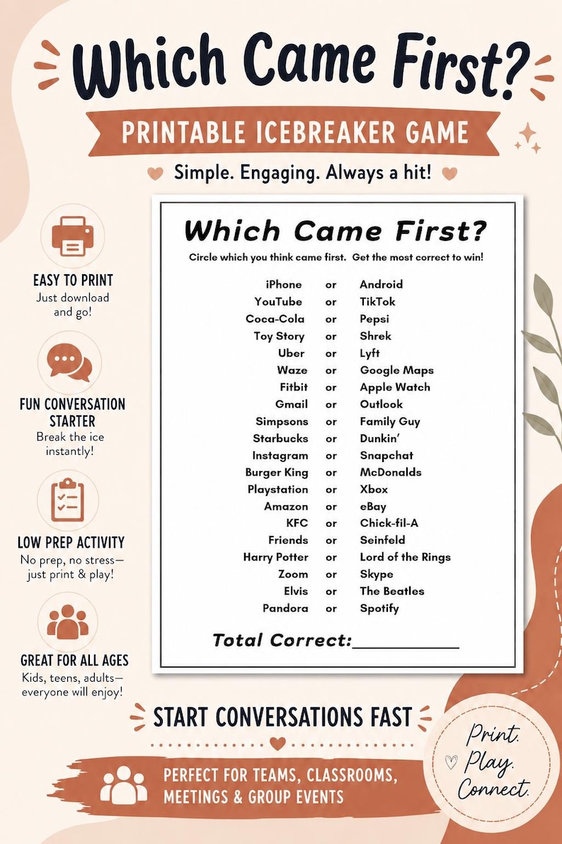 A promotional graphic for a 'Which Came First?' printable icebreaker game featuring a central white game sheet with various 'this or that' trivia pairs, set against a warm peach and terracotta background with decorative elements. This trivia game is a fun party entertainment option.
