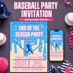 Invitación de cumpleaños de béisbol editable, invitación para fiesta de fin de temporada de béisbol, invitación de cumpleaños con temática deportiva de helado con goteo, béisbol juvenil