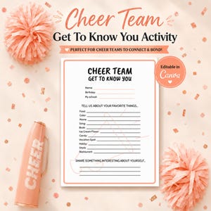 May include: A white get to know you activity sheet with a peach-colored border, featuring the text Cheer Team Get To Know You, lines for personal details, and favorite things. It is accompanied by a peach megaphone and two peach pom-poms.