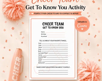 May include: A white get to know you activity sheet with a peach-colored border, featuring the text Cheer Team Get To Know You, lines for personal details, and favorite things. It is accompanied by a peach megaphone and two peach pom-poms.