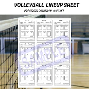 Peut inclure: Une feuille de composition d'équipe de volleyball en téléchargement numérique PDF en noir et blanc. La feuille mesure 21,6 x 27,9 cm et comprend des espaces pour les noms d'équipe, les postes des joueurs et les signatures des entraîneurs.