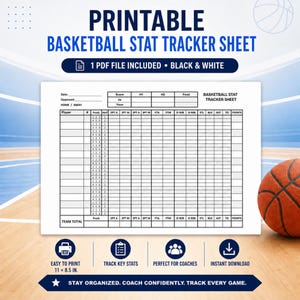 Ausdruckbares Basketball-Statistikblatt für Trainer, Spieltags-Basketball-Statistik-Tracker, Spieler- und Teamstatistik-Leistungsblatt, Ausdruckbares Statistikblatt