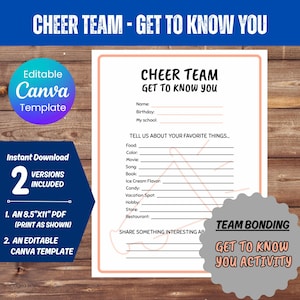 Editable Cheer Team &quot;Get To Know You&quot;, Team Icebreaker Activity, Team Bonding Game, Printable Favorites Sheet, Team Bonding Exercise