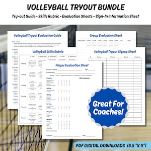 Puede incluir: Un paquete de prueba de voleibol con una guía de prueba, una rúbrica de habilidades, hojas de evaluación y una hoja de información de registro. El paquete incluye una hoja de evaluación de jugadores, una hoja de evaluación de grupo y una hoja de registro. Descargas digitales PDF.