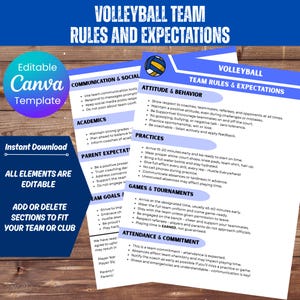 Plantilla de reglas y expectativas para equipos de voleibol, acuerdo entre entrenador y padres, descarga instantánea en PDF, formulario editable en Canva, expectativas para jugadores.