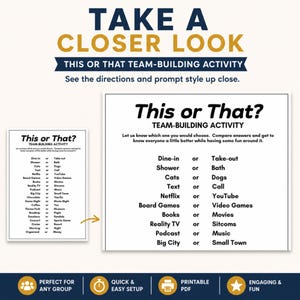 A promotional graphic for a team building activity with a large title and a zoomed-in view of the printable game sheet showing choice pairs like Dine-in or Take-out. This would you rather trivia icebreaker game provides a fun get to know you game experience. It is a perfect tool for a meet and greet or a casual team building event.