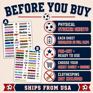 An informational graphic titled Before You Buy featuring two soccer-themed sticker sheets labeled A and B on the left and five navy blue banners on the right detailing product features. This is a perfect soccer gift for any young athlete who loves to customize their gear. The graphic ensures buyers know exactly what is included in their physical sticker sheet order, from sizes to quantities.
