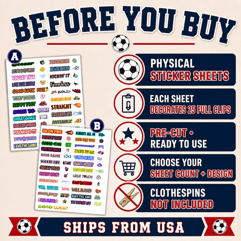 An informational graphic titled Before You Buy featuring two soccer-themed sticker sheets labeled A and B on the left and five navy blue banners on the right detailing product features. This is a perfect soccer gift for any young athlete who loves to customize their gear. The graphic ensures buyers know exactly what is included in their physical sticker sheet order, from sizes to quantities.