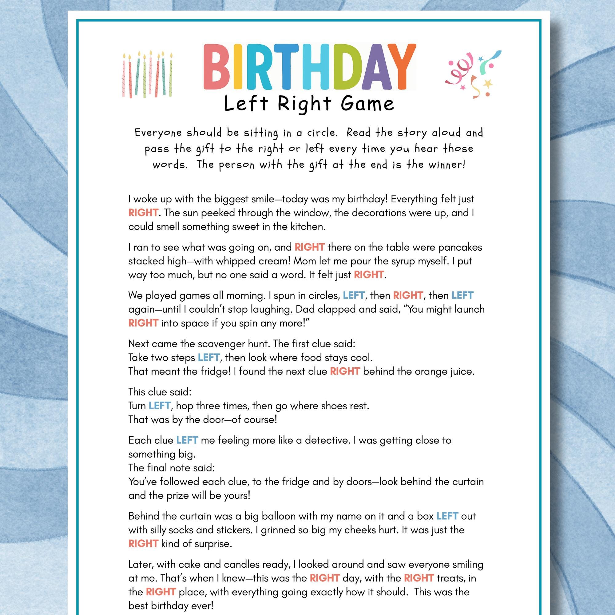 birthday left right game, left right birthday game, birthday left
