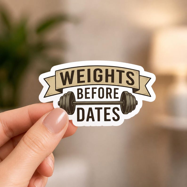 A hand holding a sticker featuring a banner with the word WEIGHTS in bold black uppercase letters. This close-up showcases the clear, readable typography used in the funny female weightlifting stickers.