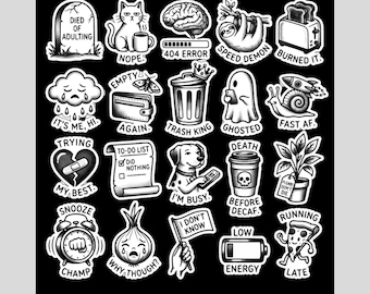 Funny Adulting Sticker Set Relatable Sarcasm Sticker Pack Sarcastic Burnout Meme Stickers Black White Die Cut Decals for Laptops