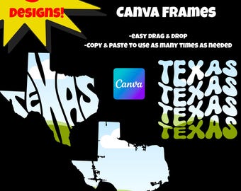 Molduras Texas Canva | 3 designs de moldura diferentes (palavras onduladas, formas de palavras, efeito desgastado) | Fácil de usar - Arrastar e soltar - Download digital instantâneo