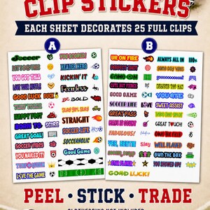 Two sheets of colorful stickers, labeled A and B, featuring various motivational soccer phrases and icons, set against a soccer field background with a soccer ball. This kit is the ultimate soccer team bonding activity for youth teams. The vibrant designs and encouraging words help players feel confident and connected as they compete on the field and trade with others.