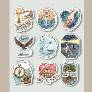 May include: A collection of nine die-cut stickers featuring religious illustrations and Bible verses. Designs include a lamp, anchor, hands, eagle, dove, lighthouse, compass, heart, and tree, each with text such as Psalm 119:105 and Jeremiah 17:7.